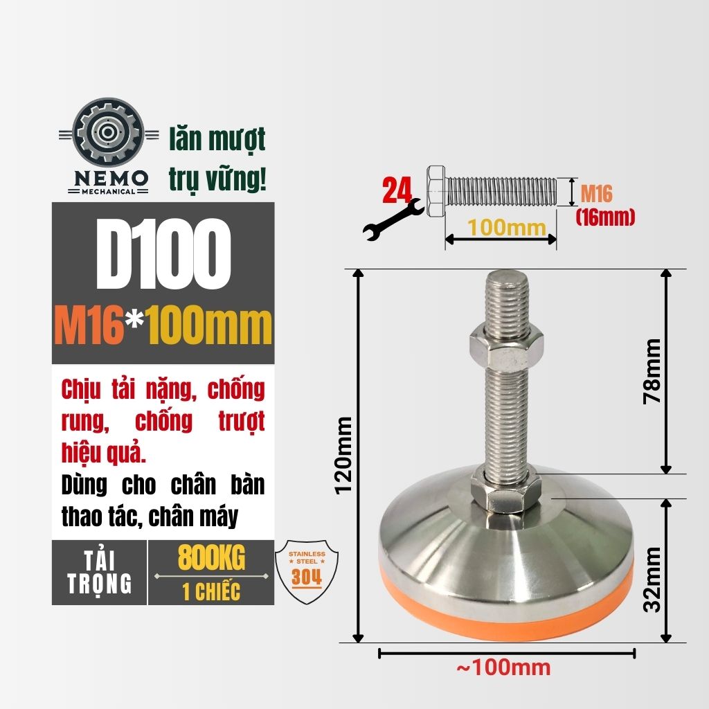 Chân Tăng Chỉnh Inox 304 Ren M16 – Đế Bát Dày Chịu Tải Siêu Nặng 800kg, Chống Ăn Mòn Tuyệt Đối